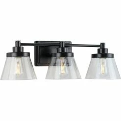 Progress Lighting Hinton 3-Light Matte Black Seeded Glass Farmhouse Bath Vanity Light