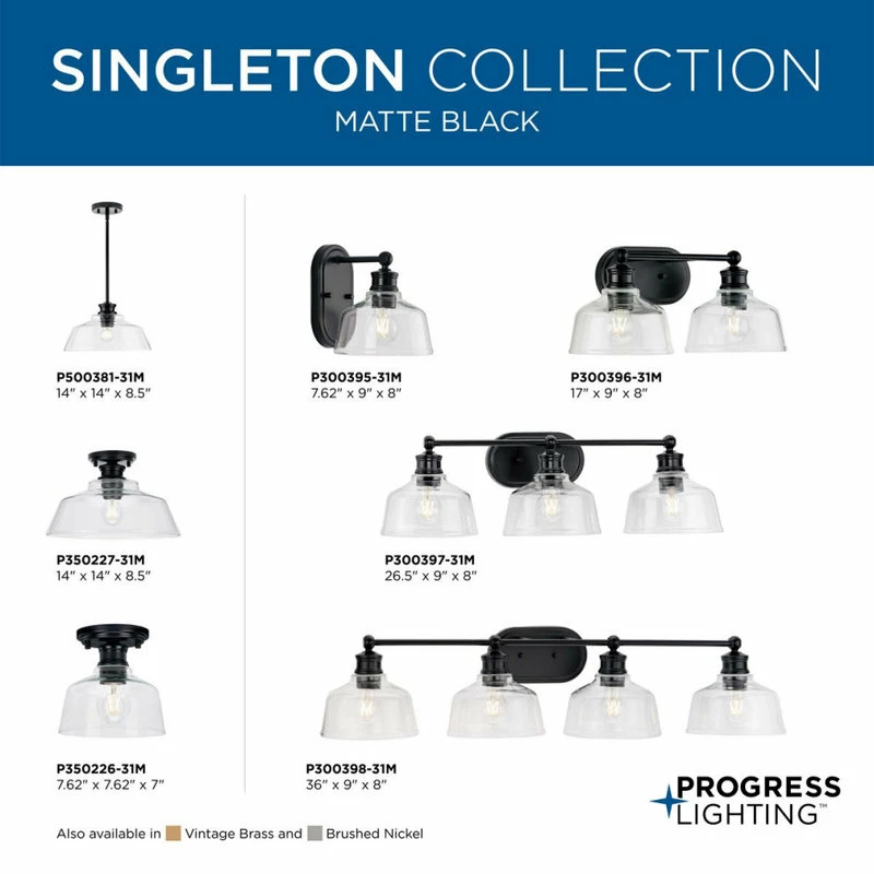 Progress Lighting Singleton 1-Light 7.62" Matte Black Farmhouse Vanity Light, Clear Glass Shade 9 Progress Lighting Singleton 1-Light 7.62" Matte Black Farmhouse Vanity Light, Clear Glass Shade - Image 9
