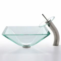 Kraus USA, Inc. Square Clear Glass Vessel 19mm Thick Bathroom Sink, PU Drain, Mount Ring, Nickel -home bar shop af41a5ee00e5e6fa 3157 w800 h800 b0 p0
