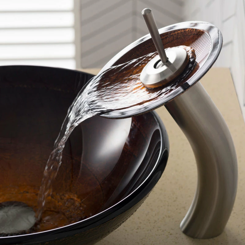 Kraus USA, Inc. Glass Vessel Sink, Bathroom Waterfall Faucet, PU Drain, Mount Ring, Nickel 1 Kraus USA, Inc. Glass Vessel Sink, Bathroom Waterfall Faucet, PU Drain, Mount Ring, Nickel