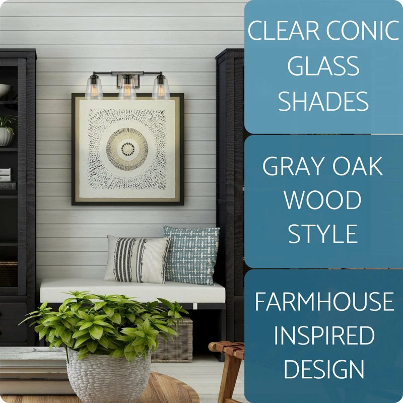 Kira Home Crestline 23" Farmhouse Bathroom / Light, Funnel Glass Shades, Gray 4 Kira Home Crestline 23" Farmhouse Bathroom / Light, Funnel Glass Shades, Gray - Image 4
