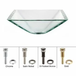 Kraus USA, Inc. Square Clear Glass Vessel 19mm Thick Bathroom Sink, PU Drain, Mount Ring, Nickel