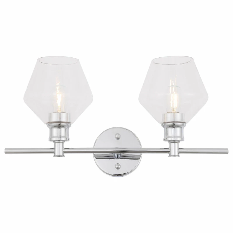 Elegant Furniture & Lighting Brass Finish And Clear Glass 2-Light Wall Sconce, Chrome, Clear 1 Elegant Furniture & Lighting Brass Finish And Clear Glass 2-Light Wall Sconce, Chrome, Clear