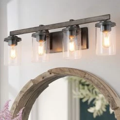 LNC Lighting LNC 4-Light Farmhouse Antique Gray Wood And Clear Glass Bathroom Vanity Light -home bar shop bf5139f5025fe5e9 3153 w800 h800 b0 p0