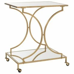 Decorn Elegant Bar Cart, Curved Metal Frame With Mirrored Glass Top & Shelf, Gold