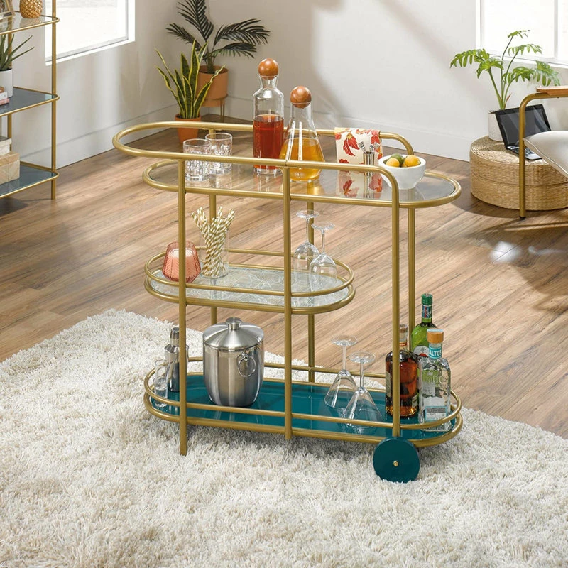 Decor Love Contemporary Bar Cart, Golden Frame And Banana Leaf Patterned Middle Glass Shelf 2 Decor Love Contemporary Bar Cart, Golden Frame And Banana Leaf Patterned Middle Glass Shelf - Image 2