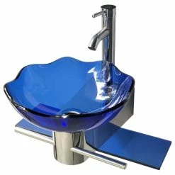 Renovators Supply Manufacturing Blue Glass Wall Mount Sink Lotus Design With Chrome Faucet, Drain And Towel Bar