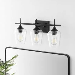 GETLEDEL 3-Light Vanity Light Sconce With Seeded Glass Shades, Matte Black