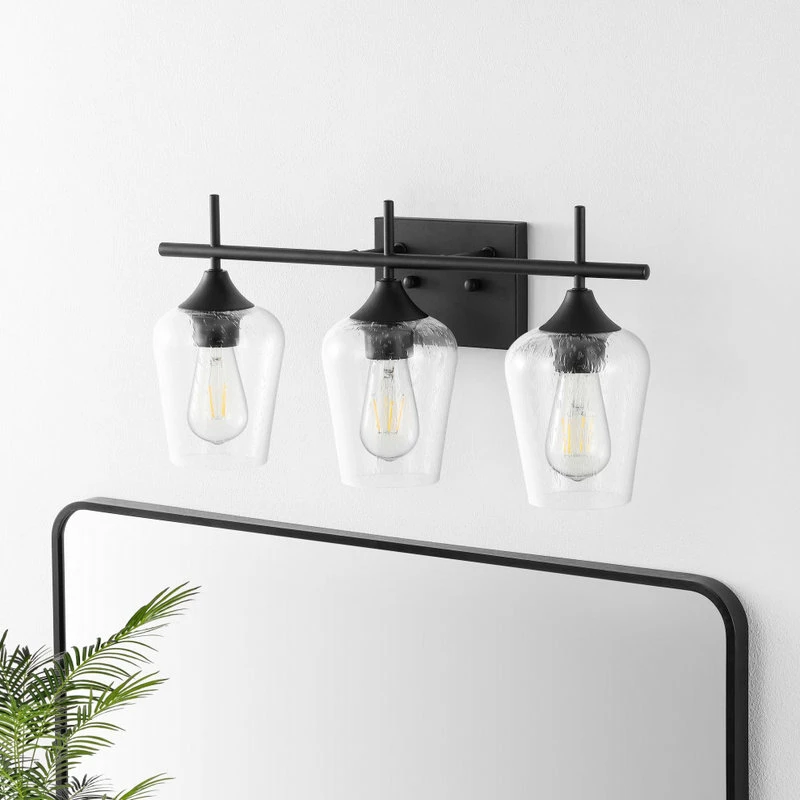 GETLEDEL 3-Light Vanity Light Sconce With Seeded Glass Shades, Matte Black 1 GETLEDEL 3-Light Vanity Light Sconce With Seeded Glass Shades, Matte Black