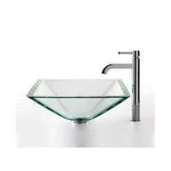 Kraus USA, Inc. Glass Vessel Sink, Bathroom Ramus Faucet, PU Drain, Mounting Ring, Chrome