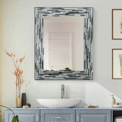 Head West, Inc. Frameless Glass Reeded Simulated Tile Printed Wall Mirror, Black -home bar shop cbf1c38c03eeb7fd 9353 w800 h800 b0 p0