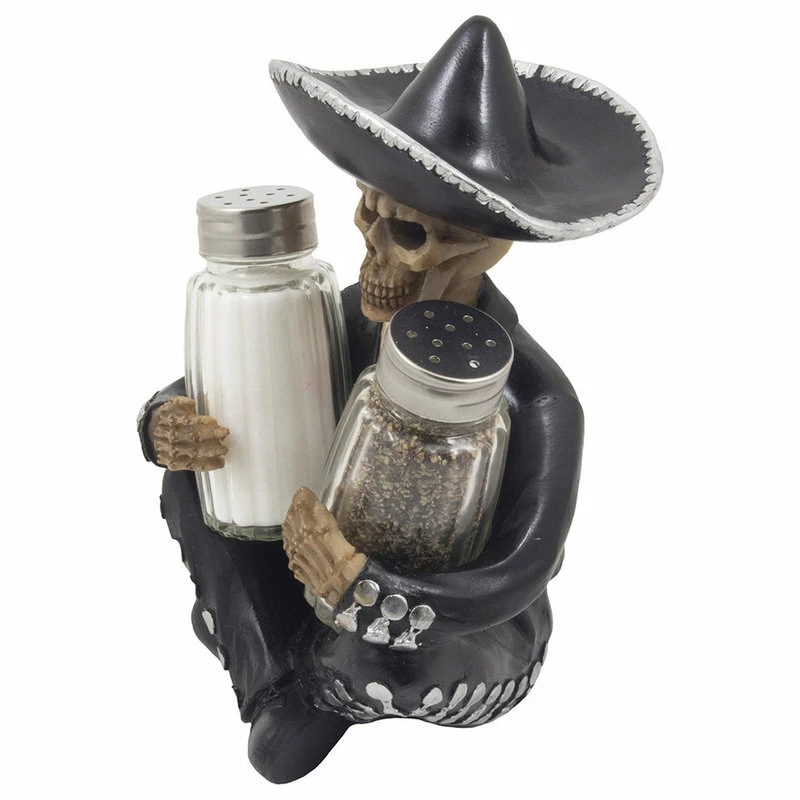 DWK Corp. Dia De Los Muertos Mariachi Skeleton Glass Salt And Pepper Shaker 3-Piece Set 2 DWK Corp. Dia De Los Muertos Mariachi Skeleton Glass Salt And Pepper Shaker 3-Piece Set - Image 2