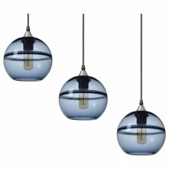 Casamotion Unique Optic Hand Blown Glass Pendant Lights, Brushed Nickel, Set Of 3, Blue
