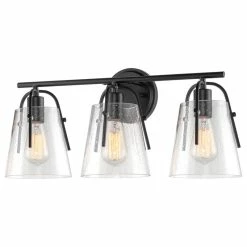 Kira Home Branson 22" Farmhouse Bathroom Light, Seeded Glass Cone Shades, Black