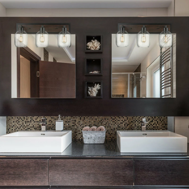 Globe Electric Williamsburg 3-Light Matte Black And Faux Wood Vanity Light, Clear Glass Shades 4 Globe Electric Williamsburg 3-Light Matte Black And Faux Wood Vanity Light, Clear Glass Shades - Image 4