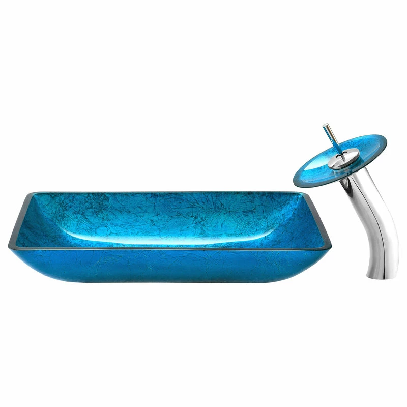 Swiss Madison Cascade Rectangular Glass Vessel Sink With Faucet, Ocean Blue 2 Swiss Madison Cascade Rectangular Glass Vessel Sink With Faucet, Ocean Blue - Image 2