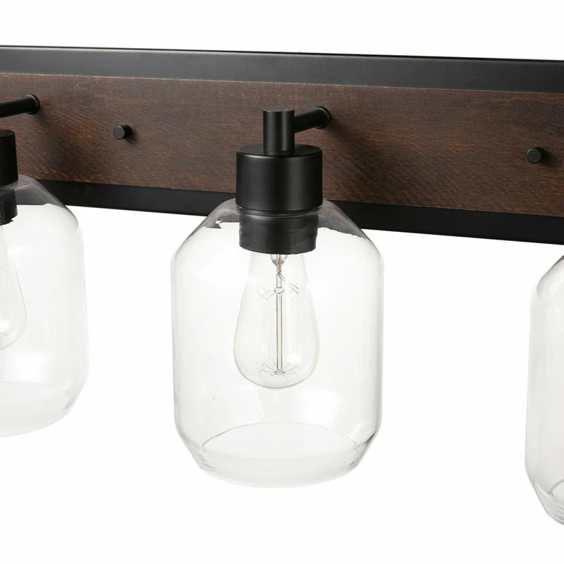 Globe Electric Williamsburg 3-Light Matte Black And Faux Wood Vanity Light, Clear Glass Shades 8 Globe Electric Williamsburg 3-Light Matte Black And Faux Wood Vanity Light, Clear Glass Shades - Image 8