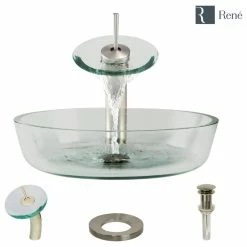 Rene R5-5024 Clear Glass Vessel Bathroom Sink, R9-7001 Faucet, Antique Bronze, Brushe