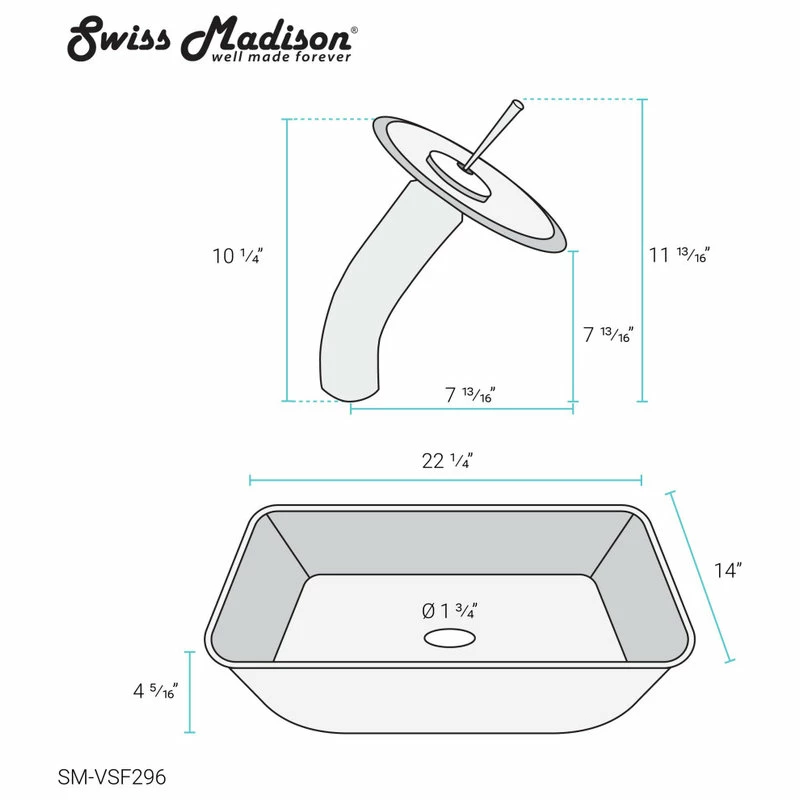 Swiss Madison Cascade Rectangular Glass Vessel Sink With Faucet, Ocean Blue 12 Swiss Madison Cascade Rectangular Glass Vessel Sink With Faucet, Ocean Blue - Image 12