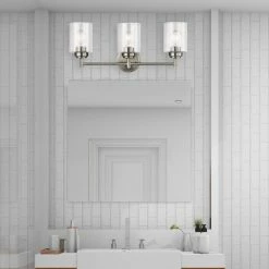 A Touch Of Design 3-Bulb Vanity Light Bright Satin Nickel And Textured Glass Sconce Shades
