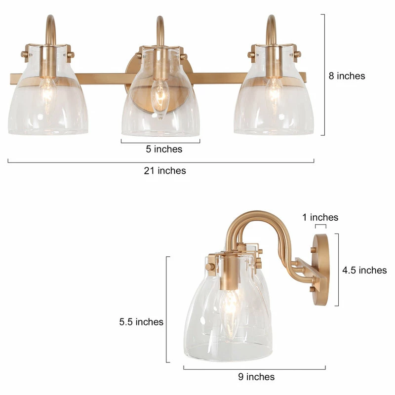 LNC Lighting LNC 21" Modern 3-Light Gold Bathroom Vanity Light With Glass 2 LNC Lighting LNC 21" Modern 3-Light Gold Bathroom Vanity Light With Glass - Image 2