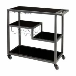 Benzara, Woodland Imprts, The Urban Port Metal Bar Cart With Tempered Glass Shelves In Gunmetal Gray Black