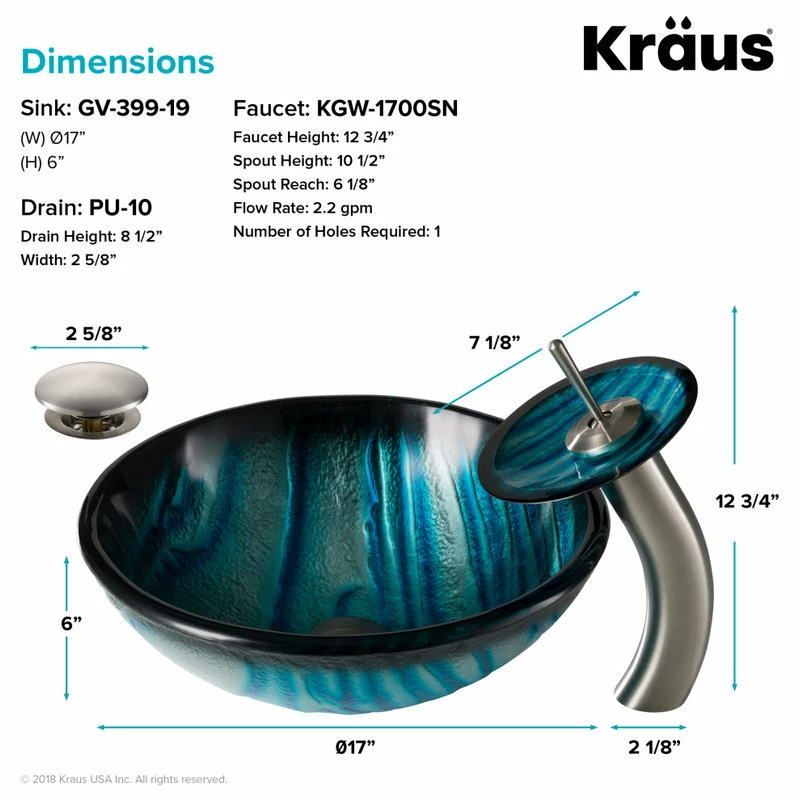 Kraus USA, Inc. Glass Vessel Sink, Bathroom Waterfall Faucet, PU Drain, Mount Ring, Nickel 5 Kraus USA, Inc. Glass Vessel Sink, Bathroom Waterfall Faucet, PU Drain, Mount Ring, Nickel - Image 5