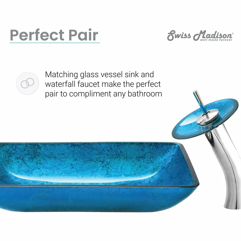 Swiss Madison Cascade Rectangular Glass Vessel Sink With Faucet, Ocean Blue 10 Swiss Madison Cascade Rectangular Glass Vessel Sink With Faucet, Ocean Blue - Image 10
