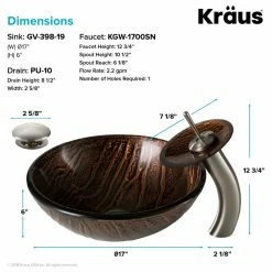 Kraus USA, Inc. Glass Vessel Sink, Bathroom Waterfall Faucet, PU Drain, Mount Ring, Nickel -home bar shop e5f1a5af03518cbf 9075 w800 h800 b1 p0