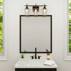 A Touch Of Design 3-Light Bathroom Vanity Light With Clear Glass Shades, Dimmer Compatible, Black