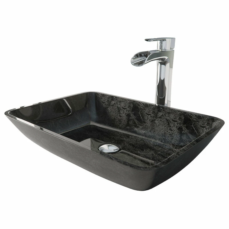 VIGO Rectangular Gray Onyx Glass Vessel Bathroom Sink Set With Niko Vessel Faucet 1 VIGO Rectangular Gray Onyx Glass Vessel Bathroom Sink Set With Niko Vessel Faucet