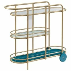 Decor Love Contemporary Bar Cart, Golden Frame And Banana Leaf Patterned Middle Glass Shelf
