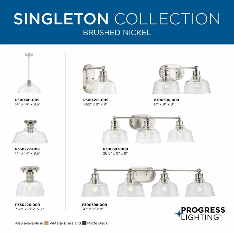 Progress Lighting Singleton 1-Light 7.62" Brushed Nickel Vanity Light With Clear Glass Shade 9 Progress Lighting Singleton 1-Light 7.62" Brushed Nickel Vanity Light With Clear Glass Shade - Image 9