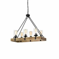 Edvivi Lighting 6-Light Matte Black And Vintage Wood Farmhouse Linear Chandelier Clear Glass