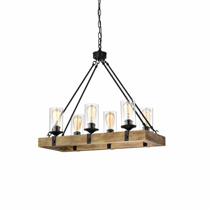 Edvivi Lighting 6-Light Matte Black And Vintage Wood Farmhouse Linear Chandelier Clear Glass 1 Edvivi Lighting 6-Light Matte Black And Vintage Wood Farmhouse Linear Chandelier Clear Glass