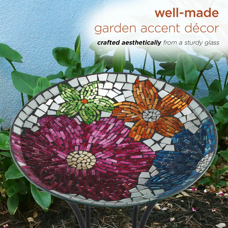 Alpine Corporation 18" Floral Metallic Mosaic Glass Birdbath With Metal Stand 9 Alpine Corporation 18" Floral Metallic Mosaic Glass Birdbath With Metal Stand - Image 9