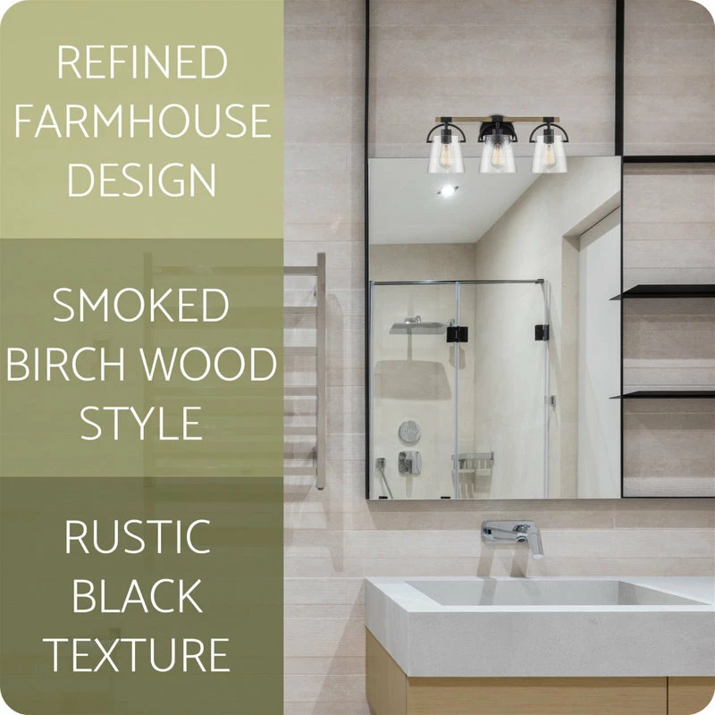 Kira Home Raphael 23" Farmhouse / Bathroom Light, Glass Shade, Smoked Birch Wood 4 Kira Home Raphael 23" Farmhouse / Bathroom Light, Glass Shade, Smoked Birch Wood - Image 4