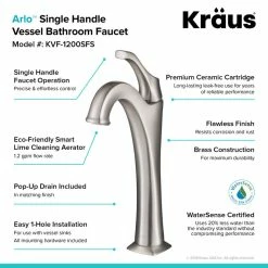 Kraus USA, Inc. Glass Vessel Sink, Arlo Bathroom Faucet, Drain, Ring, Spot Free Stainless Steel -home bar shop f411ebbb03518c76 9016 w800 h800 b0 p0