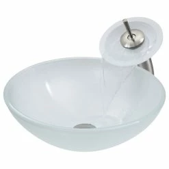 VIGO White Frost Glass Vessel Sink And Waterfall Faucet Set, Brushed Nickel