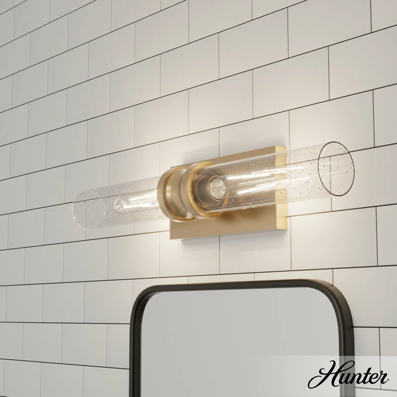 Hunter Fan Company Lenlock Alturas Gold, Clear Seeded Glass Glass 2 Light Vanity Wall Light 2 Hunter Fan Company Lenlock Alturas Gold, Clear Seeded Glass Glass 2 Light Vanity Wall Light - Image 2