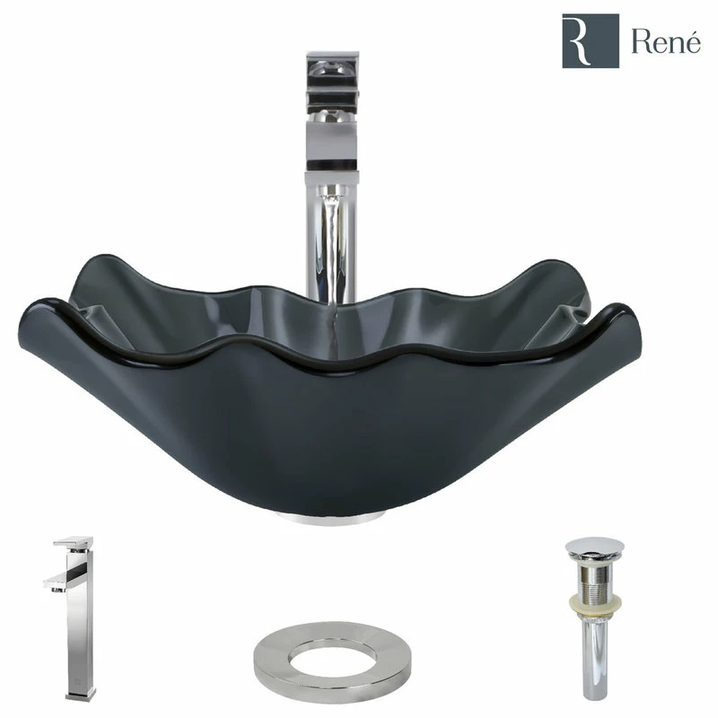 Rene R5-5012 Frosted Glass Vessel Sink, R9-7001 Faucet, Antique Bronze, Chrome, R9-70 1 Rene R5-5012 Frosted Glass Vessel Sink, R9-7001 Faucet, Antique Bronze, Chrome, R9-70