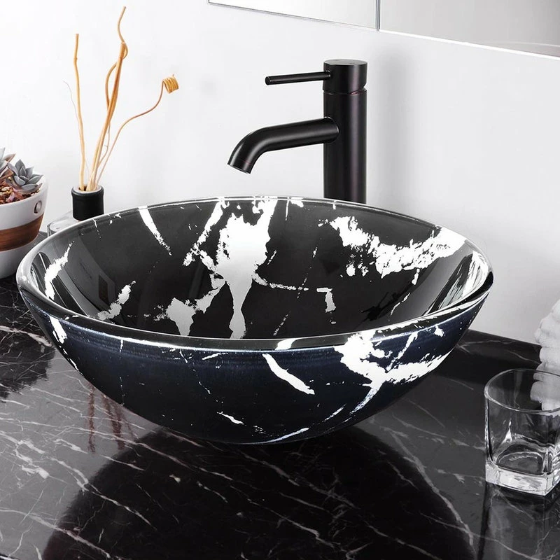 Yescom Bathroom Tempered Glass Round Vessel Sink Marbling Pattern Vanity Bowl Basin 3 Yescom Bathroom Tempered Glass Round Vessel Sink Marbling Pattern Vanity Bowl Basin - Image 3