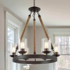 LNC Lighting LNC 6-Light Farmhouse Wagon Wheel Wood And Glass Shade Chandelier, A02992 -home bar shop fd81ce8c03219730 9943 w800 h800 b0 p0