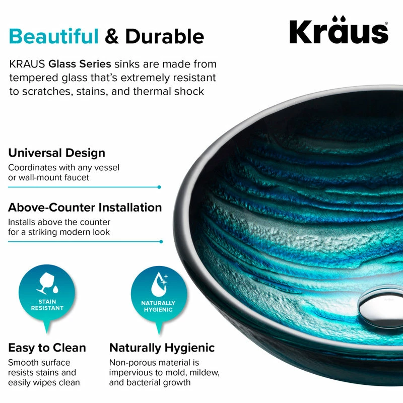 Kraus USA, Inc. Nature Series 17" Round Blue Glass Vessel 19mm Bathroom Sink 8 Kraus USA, Inc. Nature Series 17" Round Blue Glass Vessel 19mm Bathroom Sink - Image 8