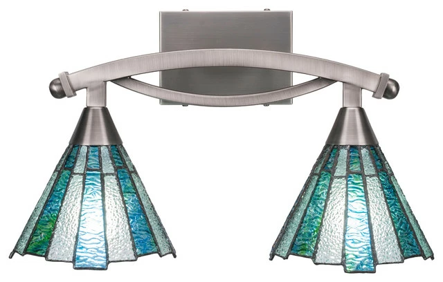 Toltec Lighting Bow 2-Light Bath Bar, Brushed Nickel Finish, 7" Sea Ice Art Glass 1 Toltec Lighting Bow 2-Light Bath Bar, Brushed Nickel Finish, 7" Sea Ice Art Glass