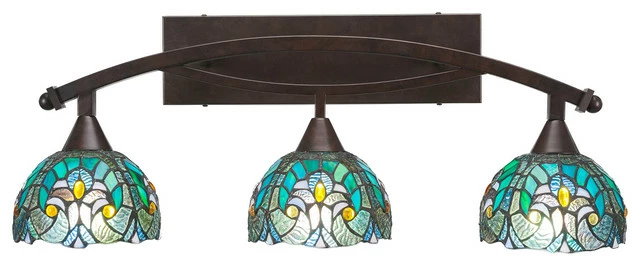 Toltec Lighting Bow 3-Light Bath Bar, 7" Turquoise Cypress Art Glass, Bronze 1 Toltec Lighting Bow 3-Light Bath Bar, 7" Turquoise Cypress Art Glass, Bronze