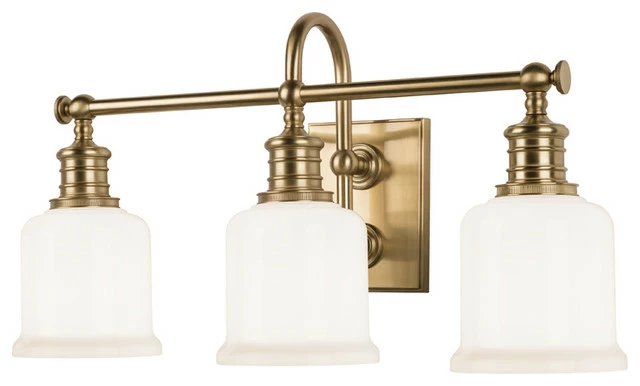 Hudson Valley Lighting Keswick 3-Light Bath And Vanity With Opal Glossy Glass Shade, Aged Brass 1 Hudson Valley Lighting Keswick 3-Light Bath And Vanity With Opal Glossy Glass Shade, Aged Brass