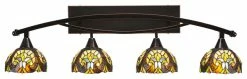 Toltec Lighting Bow 4-Light Bath Bar, With 7" Ivory Cypress Art Glass, Black Copper