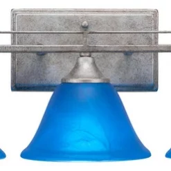Toltec Lighting Uptowne 3 Light Bath Bar Shown In Aged Silver Finish With 7" Blue Italian Glass