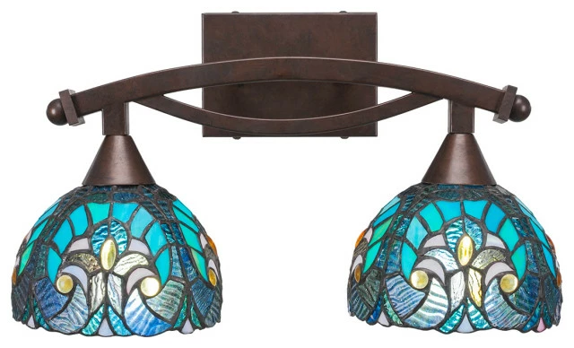 Toltec Lighting Bow 2-Light Bath Bar, Bronze, 7" Turquoise Cypress Art Glass, Bronze 1 Toltec Lighting Bow 2-Light Bath Bar, Bronze, 7" Turquoise Cypress Art Glass, Bronze